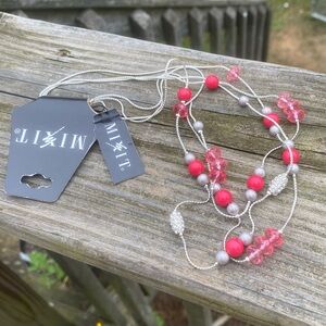 Mix It 3 strand necklace pink and coral beads silver tone 20 inch drape